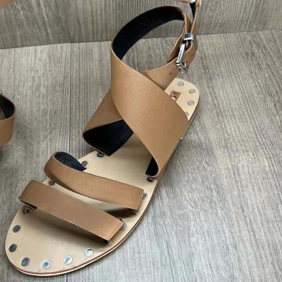 SOL SANA Sandals Womens Sz 40 Gladiator Ankle Strap Slip On Flats Leather Beige - Picture 7 of 9